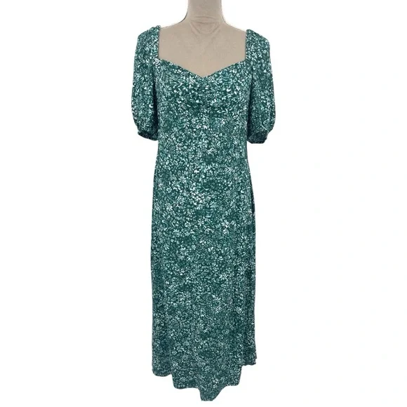 Madewell Puff-Sleeve Sweetheart Midi Dress in Green Ditsy Floral Print - Size 6 - Picture 2 of 11